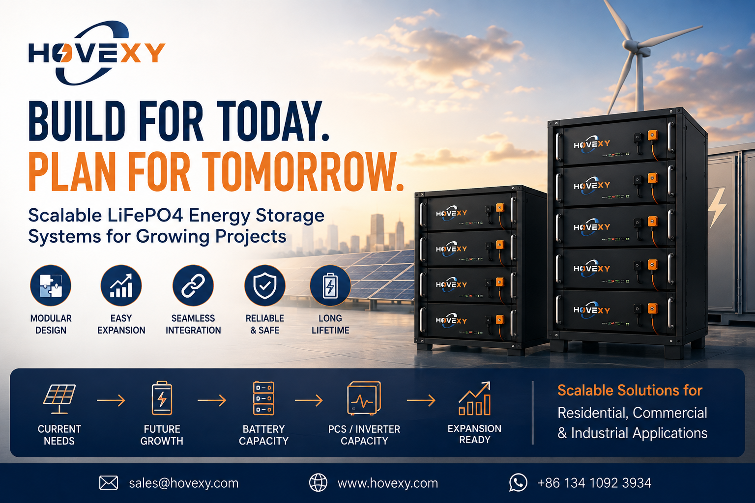 Scalable LiFePO4 energy storage system with HOVEXY rack mount batteries